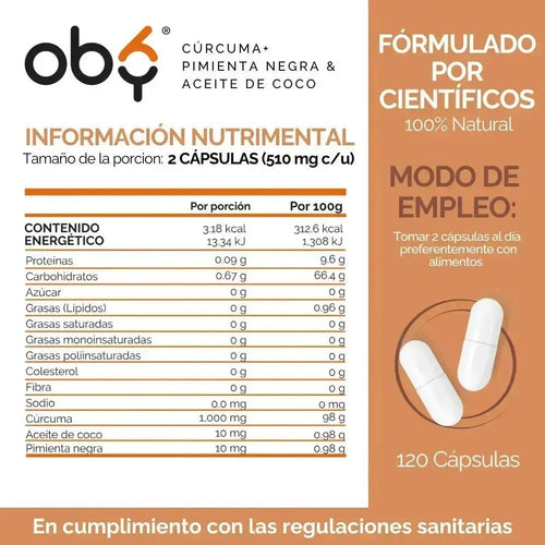 OBY Curcuma 1000 mg | Con Pimienta Negra y Aceite de Coco | 120 Cápsulas $̶4̶8̶9̶.̶0̶0̶ oby.mx