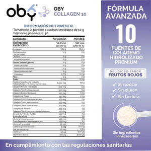 Colageno Hidrolizado 10 Tipos | OBY Collagen 10 Polvo 500g | Frutos Rojos oby.mx
