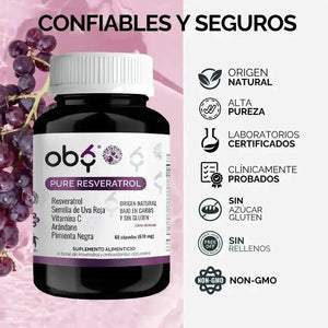 OBY Pure Resveratrol con Antioxidantes: Semilla de Uva, Vitamina C, Arándano y Pimienta Negra | 120 caps $̶5̶4̶9̶.̶0̶0̶ oby.mx