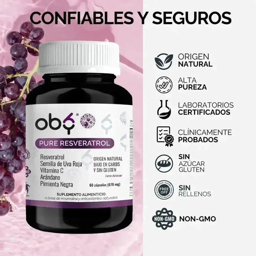 OBY Pure Resveratrol con Antioxidantes: Semilla de Uva, Vitamina C, Arándano y Pimienta Negra | 120 caps $̶5̶4̶9̶.̶0̶0̶ oby.mx