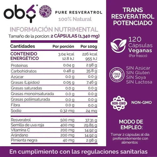 OBY Pure Resveratrol con Antioxidantes: Semilla de Uva, Vitamina C, Arándano y Pimienta Negra | 120 caps $̶5̶4̶9̶.̶0̶0̶ oby.mx
