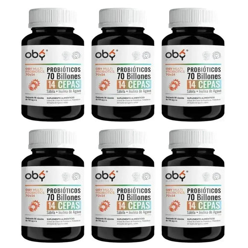 Pack de 6 frascos: OBY Multi Probioticos 70 Billones de 14 Cepas + Prebioticos Inulina de Agave + Sabila Fast Bundle