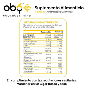 Pack Nootrópicos, Melena de Leon, Bacopa, L-Tirosina, Cúrcuma y Vitamina B12, B1, B2, B6 | OBY Nootroby Mind oby.mx