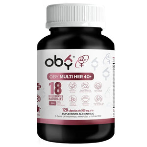 OBY MULTI HER +40 AÑOS. Multivitaminico MUJER, 18 ingredientes: Isoflavonas de Soya, Onagra, Ñame, Vitaminas y Minerales. 120 caps. MENO & PRE-MENO oby.mx