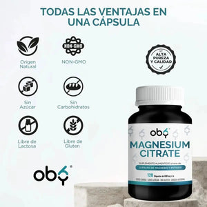 Citrato de Magnesio | Alta Absorción y Pureza | OBY Magnesium Citrate 120 capsulas 630 mg oby.mx