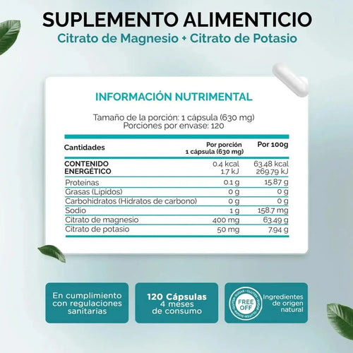 magnesio de citrato y citrato de potasio Oby tabla nutrimental