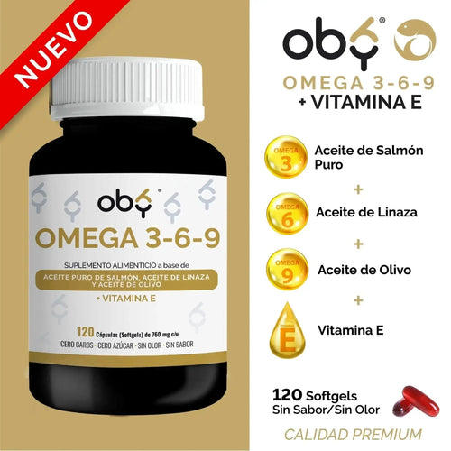 OMEGA 3 6 9 + Vitamina E | 3 aceites puros: Salmon, Linaza, Olivo | OBY Omega 3-6-9, 120 softgels SIN sabor, SIN olor