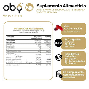 OMEGA 3 6 9 + Vitamina E | 3 aceites puros: Salmon, Linaza, Olivo | OBY Omega 3-6-9, 120 softgels SIN sabor, SIN olor oby.mx