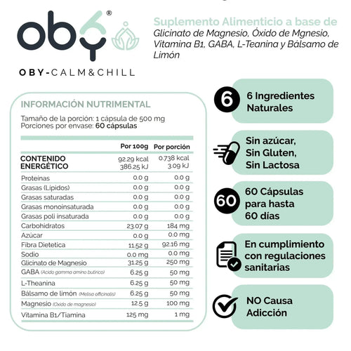 OBY CALM Magnesios - Glicinato de Magnesio, GABA, L-Teanina, Lemon Balm, Vitamina B1 oby.mx
