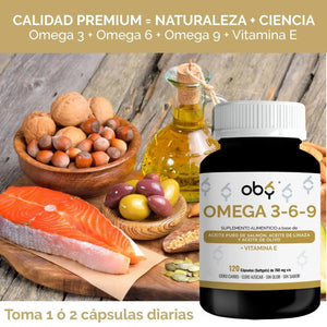 OMEGA 3 6 9 + Vitamina E | 3 aceites puros: Salmon, Linaza, Olivo | OBY Omega 3-6-9, 120 softgels SIN sabor, SIN olor oby.mx