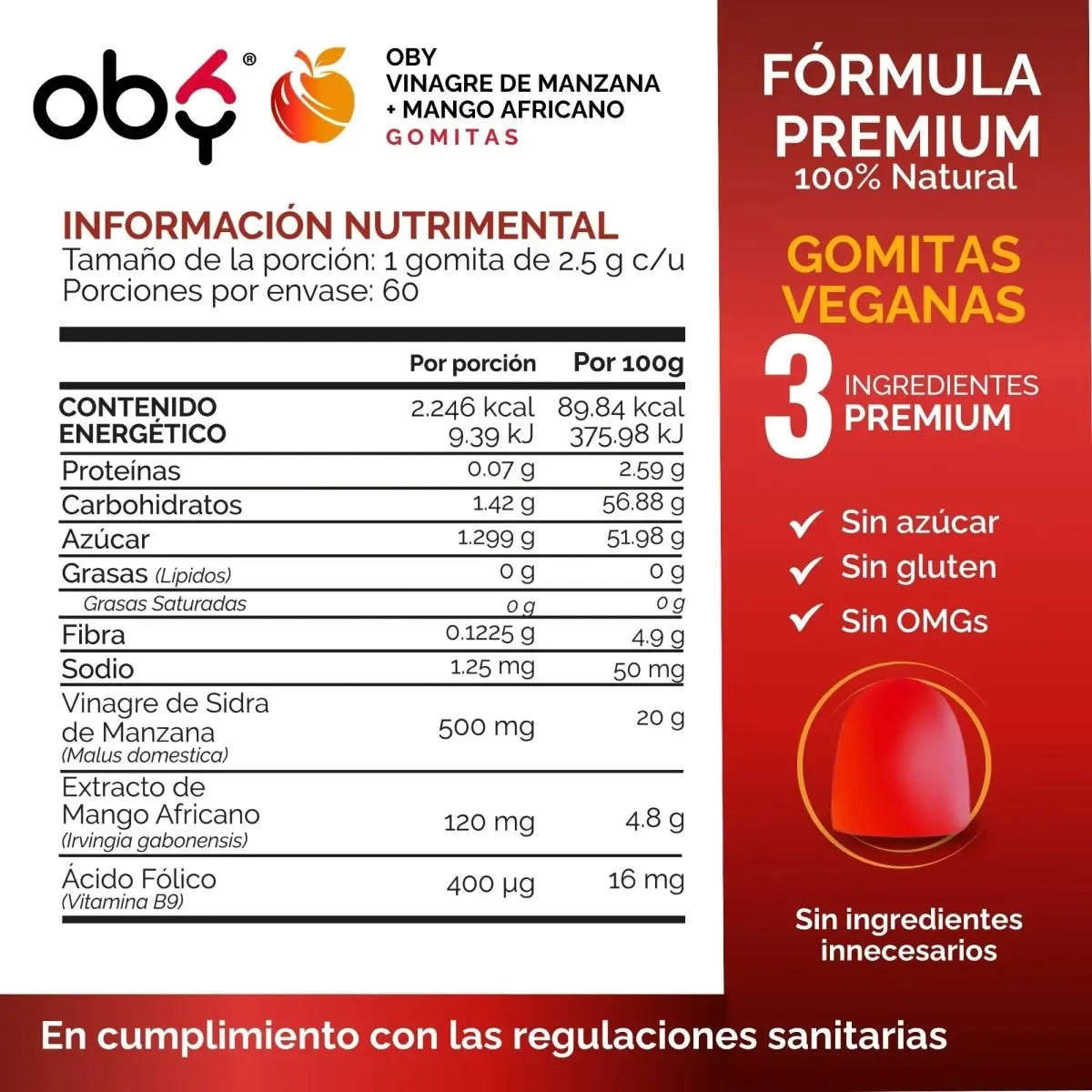 Gomitas de Vinagre de Manzana OBY | Formula 3 en 1 con Mango Africano y Acido Folico | Veganas Sin Azucar  | Suplemento Alimenticio | 60 Gomitas oby.mx