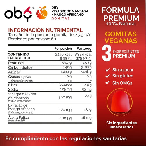 Gomitas de Vinagre de Manzana OBY | Formula 3 en 1 con Mango Africano y Acido Folico | Veganas Sin Azucar  | Suplemento Alimenticio | 60 Gomitas oby.mx