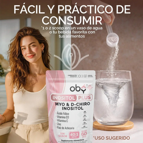 Oby Inositol Plus Myo y D-Chiro Inositol Ratio 40:1 + Acido Folico, Prebioticos, Vitaminas y Zinc | Polvo Sin Sabor oby.mx