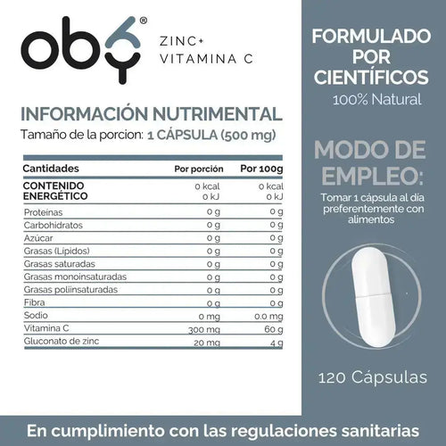 OBY Zinc Puro + Vitamina C | 120 cápsulas oby.mx