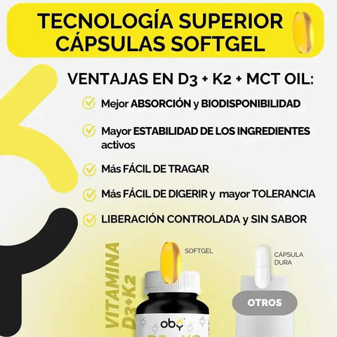 OBY Vitamina D3 + K2 con MCT Oil | 60 Cápsulas (Softgels) $̶3̶8̶9̶.̶0̶0̶ oby.mx