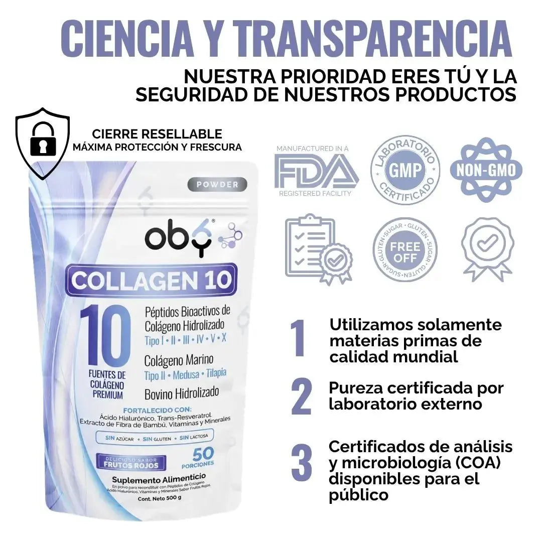 Colageno Hidrolizado 10 Tipos | OBY Collagen 10 Polvo 500g | Frutos Rojos oby.mx