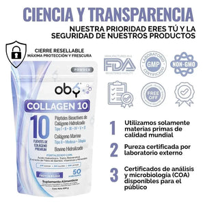 Colageno Hidrolizado 10 Tipos | OBY Collagen 10 Polvo 500g | Frutos Rojos oby.mx
