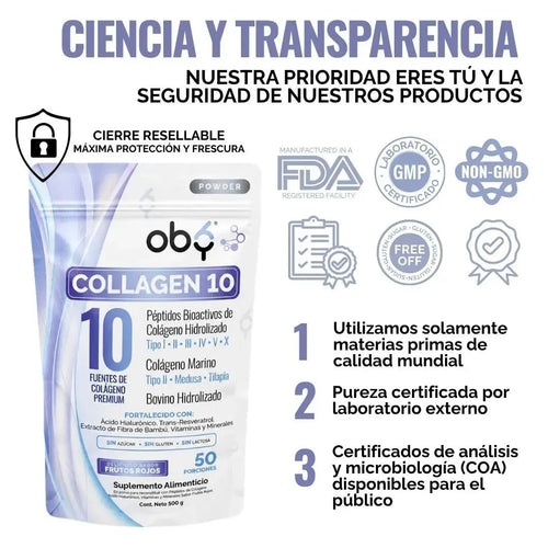 Colageno Hidrolizado 10 Tipos | OBY Collagen 10 Polvo 500g | Frutos Rojos oby.mx