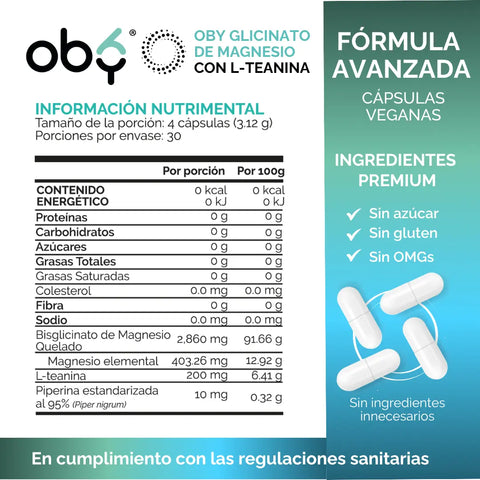 Glicinato de Magnesio con L-Teanina y Piperina | Bisglicinato Mineral Quelado + Aminoacido  | 120 Capsulas OBY oby.mx