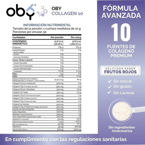 Colageno Hidrolizado 10 Tipos | OBY Collagen 10 Polvo 500g | Frutos Rojos oby.mx
