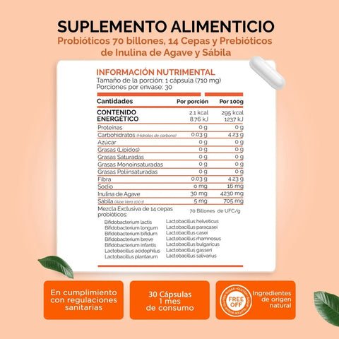 OBY Multi Probioticos 70 Billones de 14 Cepas + Prebioticos Inulina de Agave + Sabila | 30 cápsulas oby.mx