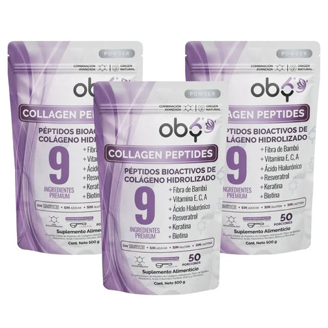 Pack de 3 Pouch: OBY Colageno Hidrolizado Puro Polvo Sin sabor 500 gr | con Acido Hialuronico, Vitaminas, Biotina, Keratina, Resveratrol y Fibra Bambu Fast Bundle