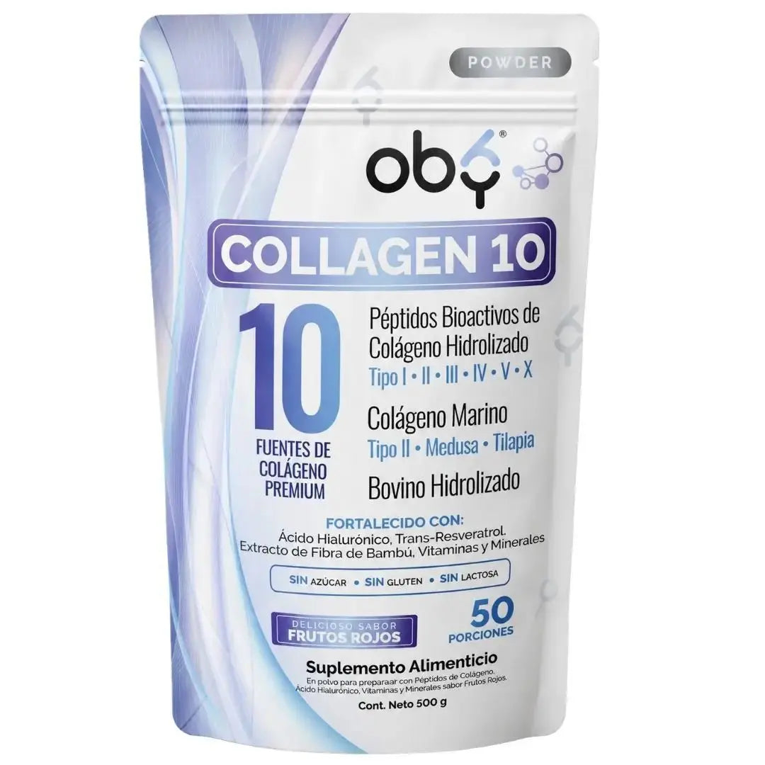 Colageno Hidrolizado 10 Tipos | OBY Collagen 10 Polvo 500g | Frutos Rojos oby.mx