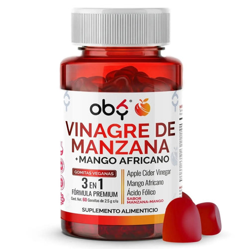 Gomitas de Vinagre de Manzana OBY | Formula 3 en 1 con Mango Africano y Acido Folico | Veganas Sin Azucar  | Suplemento Alimenticio | 60 Gomitas oby.mx