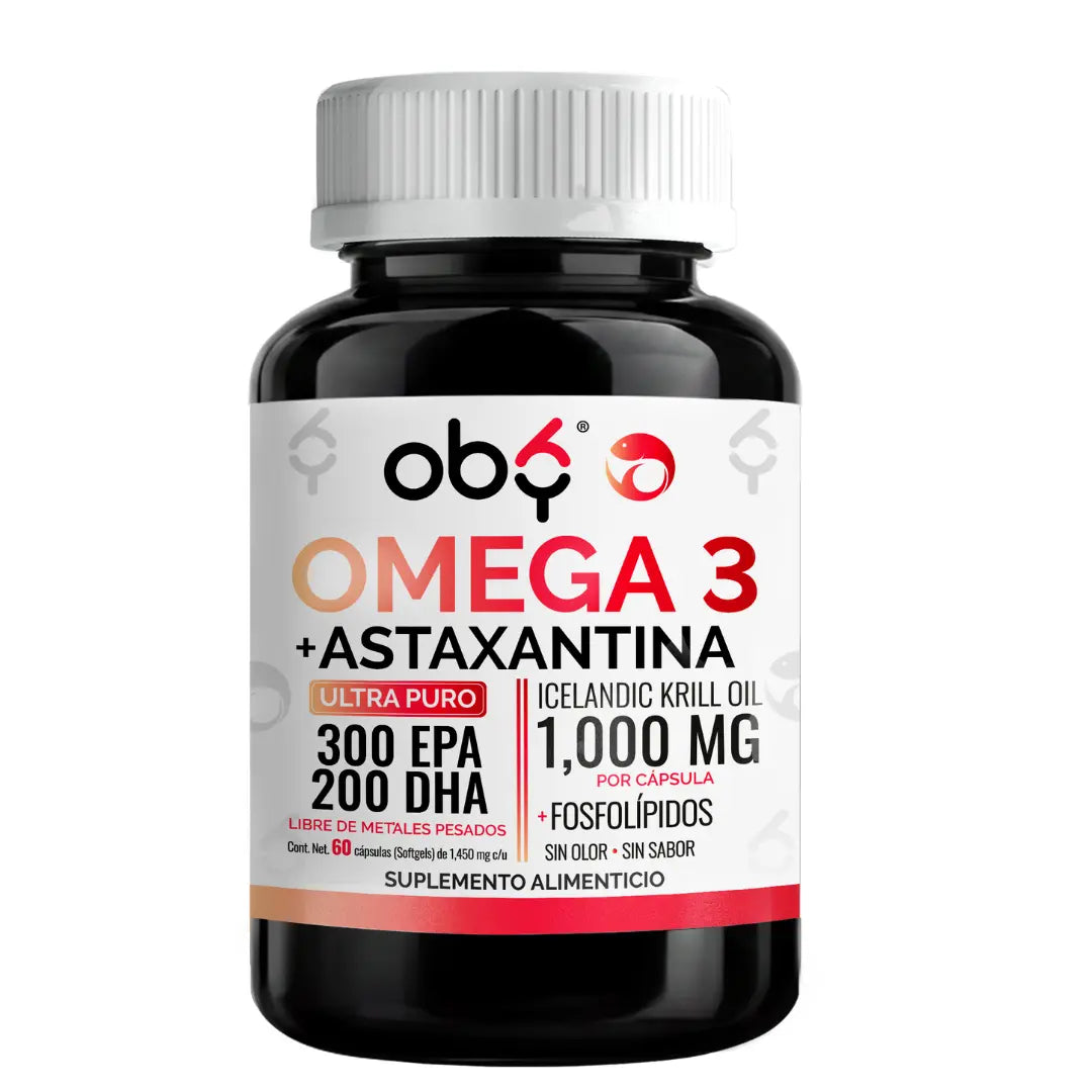 Aceite de Krill Ultra Puro con Astaxantina | Omega 3 EPA y DHA + Fosfolipidos | Sin Sabor y Sin Olor | 60 Softgels oby.mx