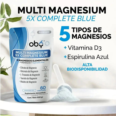 Oby Multi Magnesio Polvo 5X Complete Blue 600 gr | 5 tipos de Magnesios + Espirulina azul | Citrato y Glicinato oby.mx