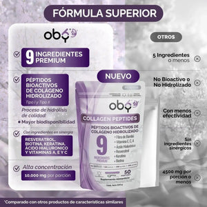OBY Colageno Hidrolizado Puro Polvo Sin sabor 500 gr | con Acido Hialuronico, Vitaminas, Biotina, Keratina, Resveratrol y Fibra Bambu oby.mx