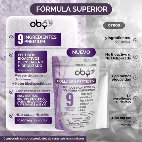 OBY Colageno Hidrolizado Puro Polvo Sin sabor 500 gr | con Acido Hialuronico, Vitaminas, Biotina, Keratina, Resveratrol y Fibra Bambu oby.mx
