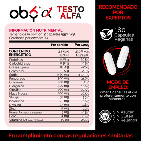 OBY Testo Alfa | Vitaminas hombre con 12 ingredientes | 180 cápsulas oby.mx