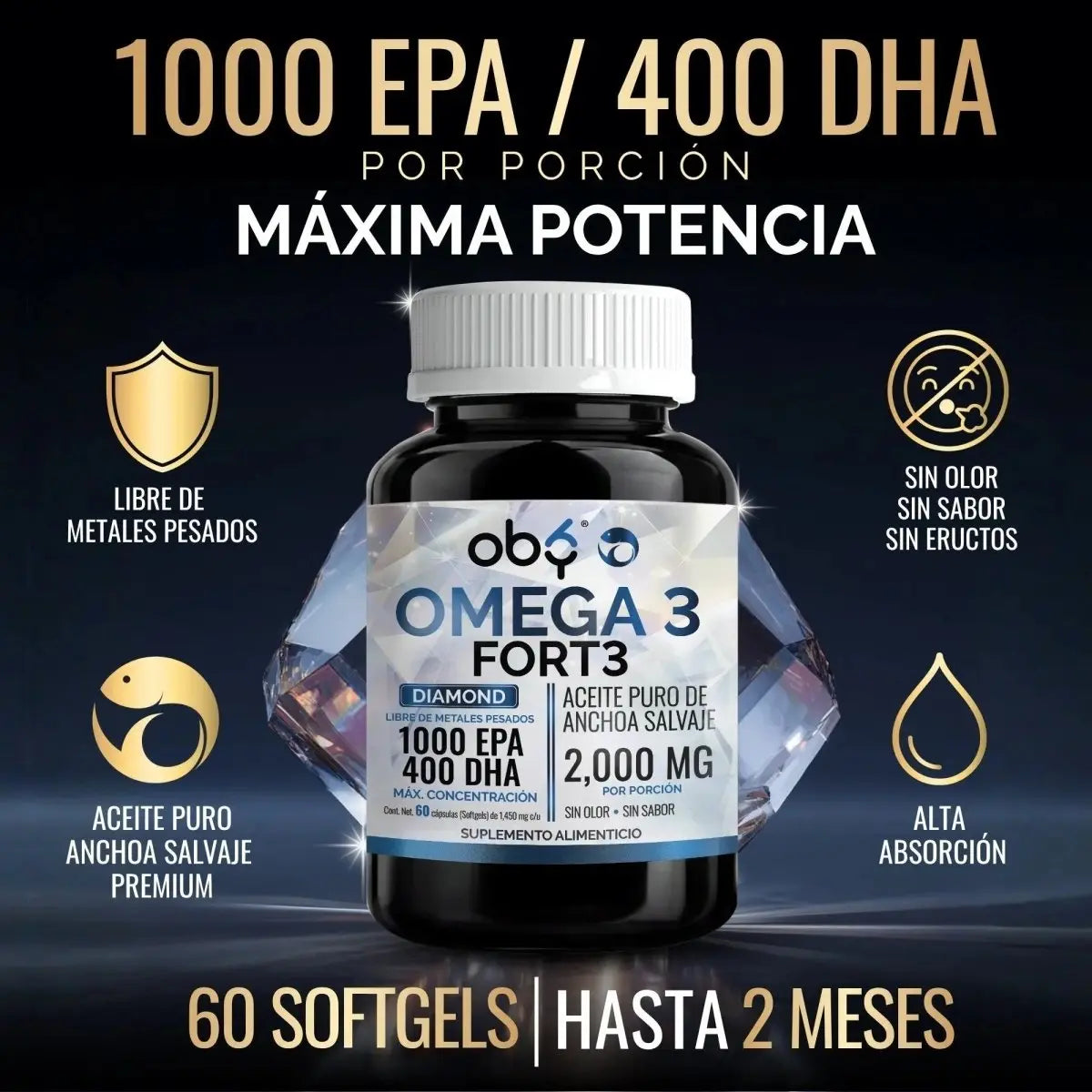 Omega 3 Diamond 2000mg Aceite Anchoa Salvaje de Oby | Máxima Pureza | Alto en EPA Y DHA | 60 cápsulas oby.mx