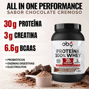 Proteina Whey con Creatina, Enzimas Probióticos y Electrolitos, Sabor Chocolate 1.25 kg oby.mx