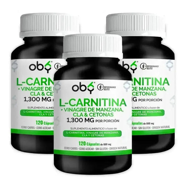 Pack de 3 frascos: OBY L Carnitina con Vinagre de manzana, CLA y oby.mx Pack de 3 frascos: OBY L Carnitina con Vinagre de manzana, CLA y oby.mx