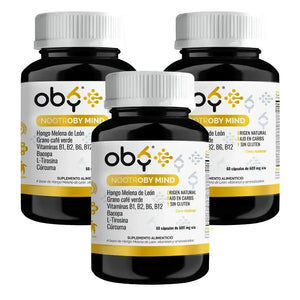 Pack Nootrópicos, Melena de Leon, Bacopa, L-Tirosina, Cúrcuma y Vitamina B12, B1, B2, B6 | OBY Nootroby Mind oby.mx