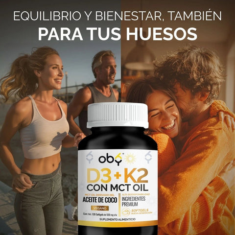 Vitamina D3 + K2 con MCT Oil | 120 Cápsulas (Softgels) oby.mx