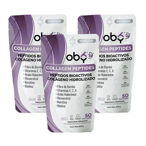 Colageno Hidrolizado Puro, Acido Hialuronico, Vitaminas, Biotina, Keratina, Resveratrol, Fibra Bambu | OBY Collagen Peptides Polvo oby.mx