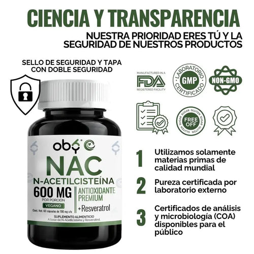 Nac 600mg + Trans Resveratrol 98% | N-acetyl Cysteine Aminoacido | Formula con Antioxidantes | 60 Capsulas oby.mx