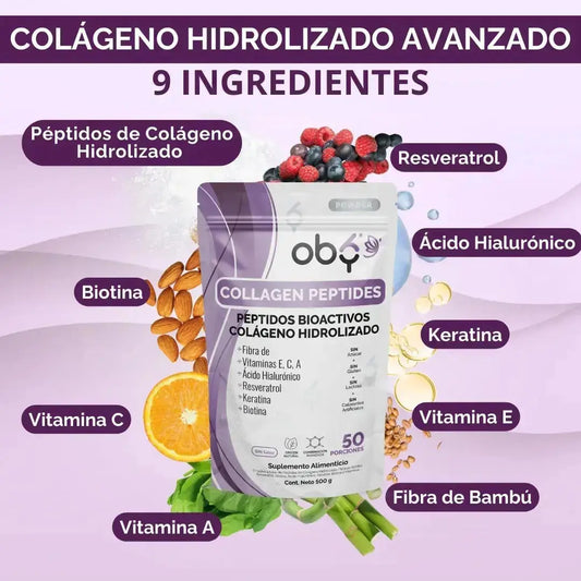 OBY Colageno Hidrolizado Puro Polvo Sin sabor 500 gr | con Acido Hialuronico, Vitaminas, Biotina, Keratina, Resveratrol y Fibra Bambu $̶7̶4̶9̶.̶0̶0̶ oby.mx