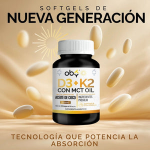 Vitamina D3 + K2 con MCT Oil | 120 Cápsulas (Softgels) oby.mx