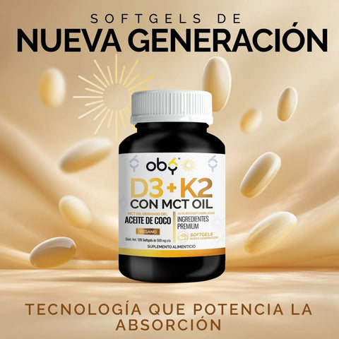 Vitamina D3 + K2 con MCT Oil | 120 Cápsulas (Softgels) oby.mx