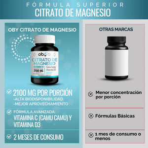 Citrato Magnesio Micronizado 2100mg + Camu Camu, Vitamina C Y D3 | Suplemento Alimenticio Oby Vitaminas Mujer Hombre | Magnesio Complex | 180 Capsulas oby.mx