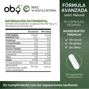 Nac 600mg + Trans Resveratrol 98% | N-acetyl Cysteine Aminoacido | Formula con Antioxidantes | 60 Capsulas oby.mx