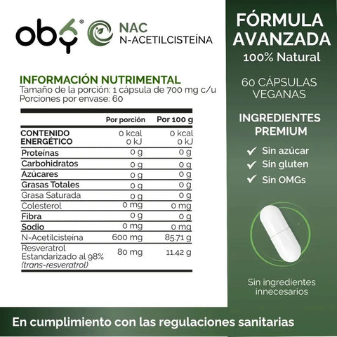 Nac 600mg + Trans Resveratrol 98% | N-acetyl Cysteine Aminoacido | Formula con Antioxidantes | 60 Capsulas oby.mx