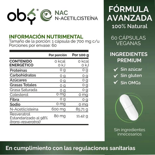 Nac 600mg + Trans Resveratrol 98% | N-acetyl Cysteine Aminoacido | Formula con Antioxidantes | 60 Capsulas oby.mx