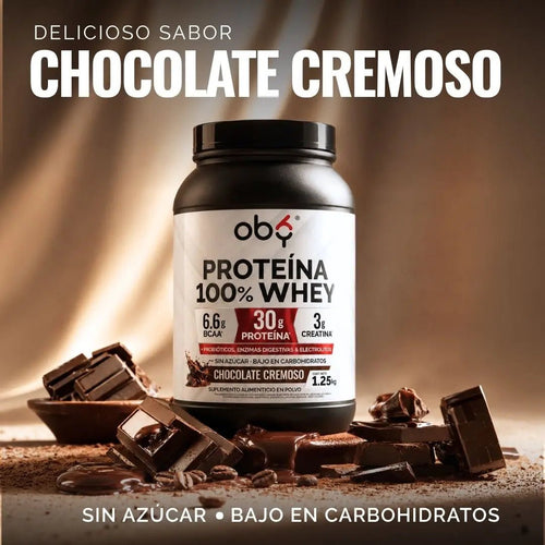 Proteina Whey con Creatina, Enzimas Probióticos y Electrolitos, Sabor Chocolate 1.25 kg oby.mx