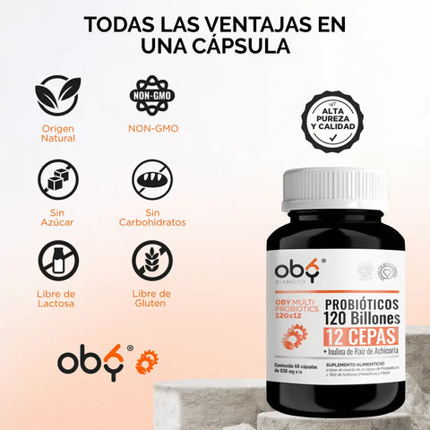 Oby MULTI Probioticos Avanzados 120 Billones 12 Cepas, Prebioticos y Fibra | 120 Cápsulas oby.mx