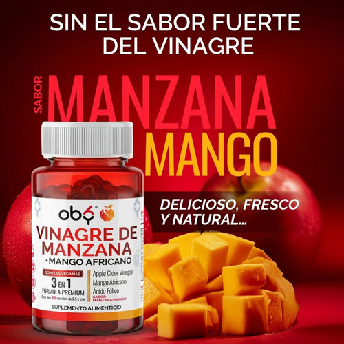Gomitas de Vinagre de Manzana OBY | Formula 3 en 1 con Mango Africano y Acido Folico | Veganas Sin Azucar  | Suplemento Alimenticio | 60 Gomitas oby.mx